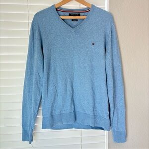 Tommy Hilfiger Mens L Blue Cashmere Pima Cotton V Neck Pullover Sweater Classic